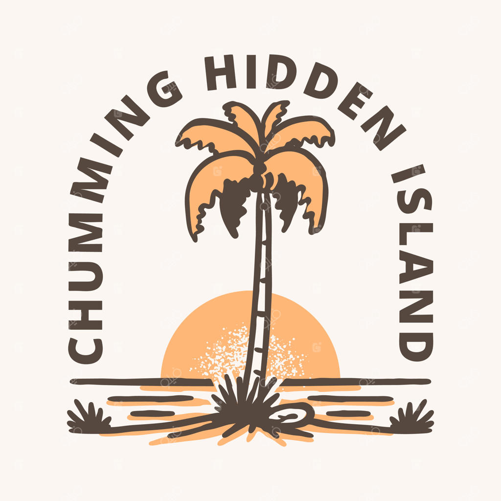 لوگوی غروب گرمسیری جزیره پنهان با درخت نخل، طرح چاپ تی‌شرت قدیمی