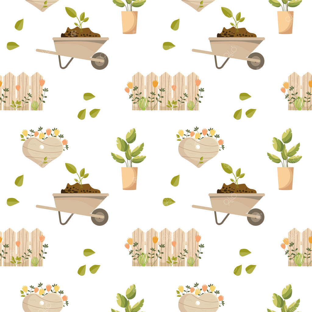 پترن یکپارچه: چرخ‌دستی باغ، بیلچه، شن‌کش، چکمه، دستکش، آب‌پاش، لانه پرندگان. پس‌زمینه بهاری، چاپ وکتور.