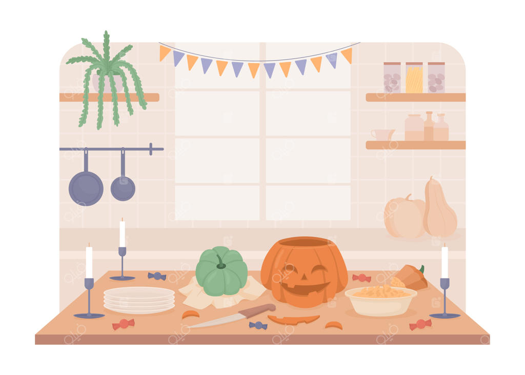 آمادگی برای هالووین در خانه - تصویر برداری دو بعدی و مجزا