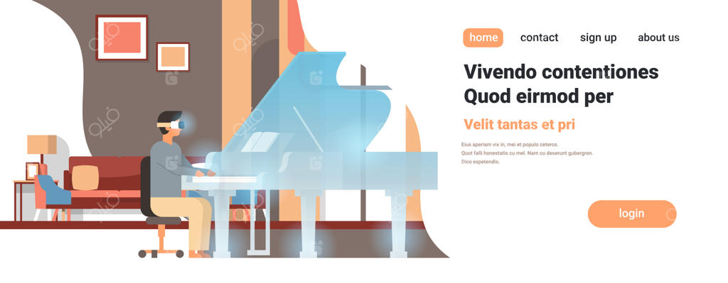 مرد پیانیست عینک دیجیتال زده و پیانوی بزرگ واقعیت مجازی را می‌نوازد