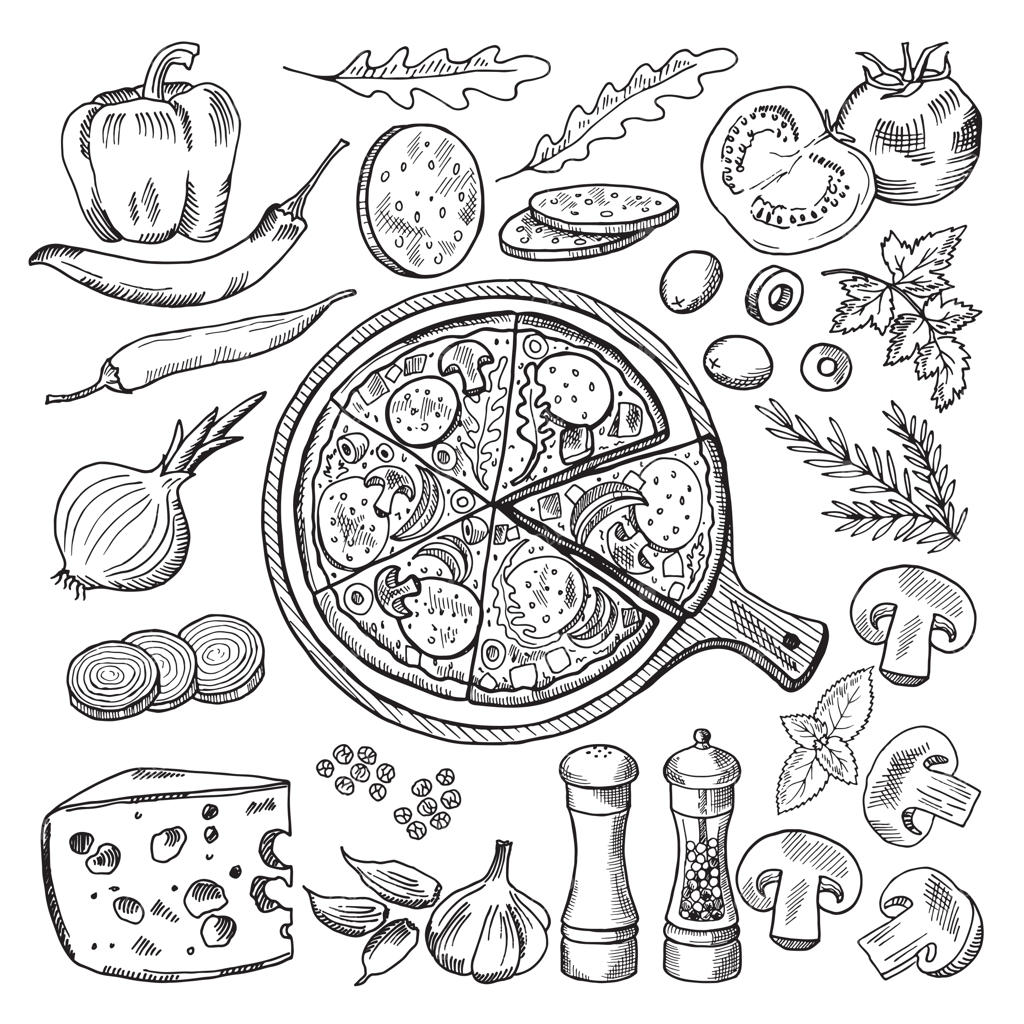 تصاویر آشپزی کلاسیک ایتالیایی: پیتزا و مواد اولیه متنوع. مجموعه تصاویر فست فود