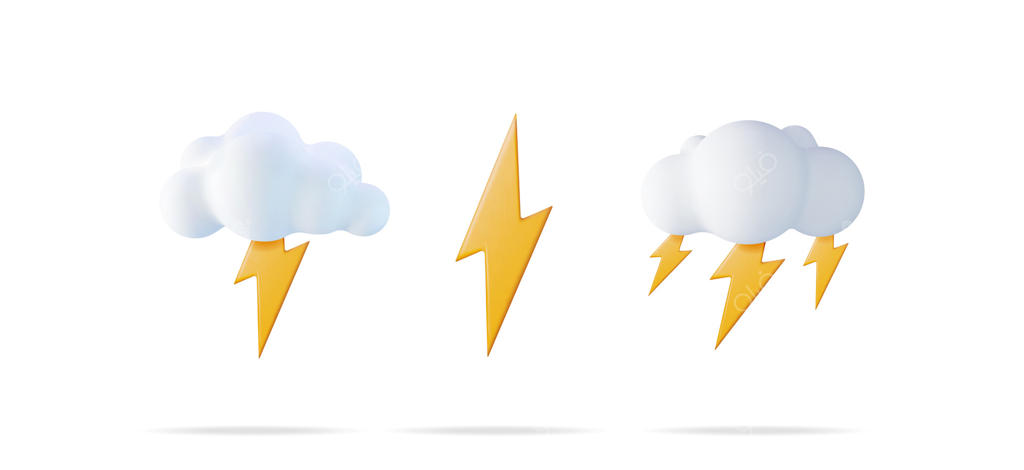 مجموعه ابر سه‌بعدی سفید با رعد و برق. کیت آیکون پیش‌بینی آب‌وهوا. المان‌های کارتونی و فانتزی صاعقه برای طراحی وب یا اپلیکیشن موبایل.