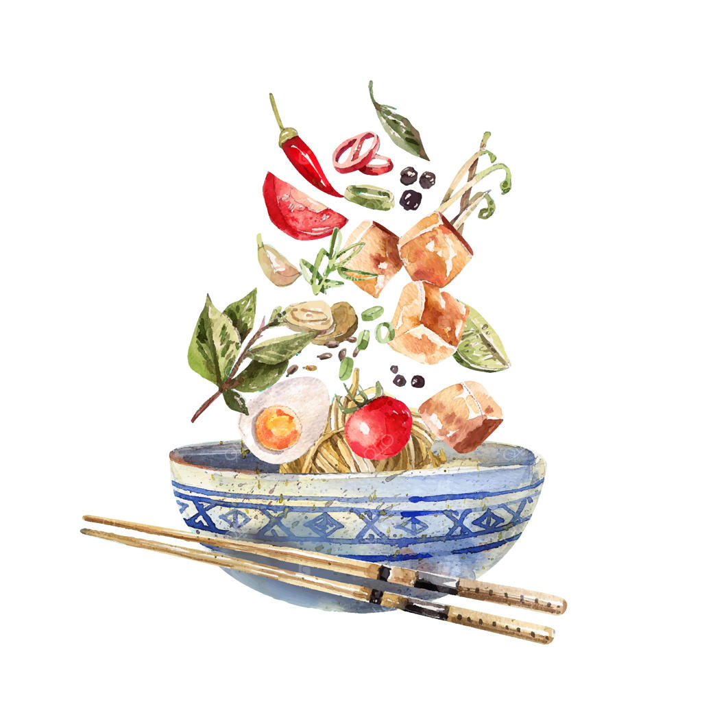 تصویر آبرنگی غذای آسیایی در کاسه، ایزوله روی پس‌زمینه سفید.