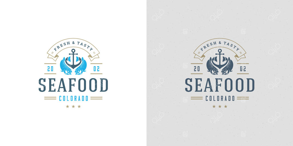 طرح لوگو یا علامت غذاهای دریایی، الگوی طراحی نشان بازار ماهی و رستوران، سیلوئت ماهی سالمون