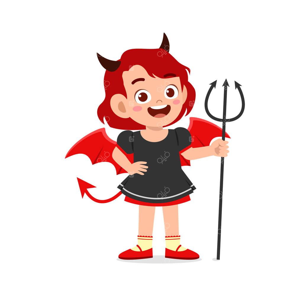 کودک بامزه و خوشحال جشن هالووین را با لباس هیولای شیطانی قرمز برگزار می‌کند