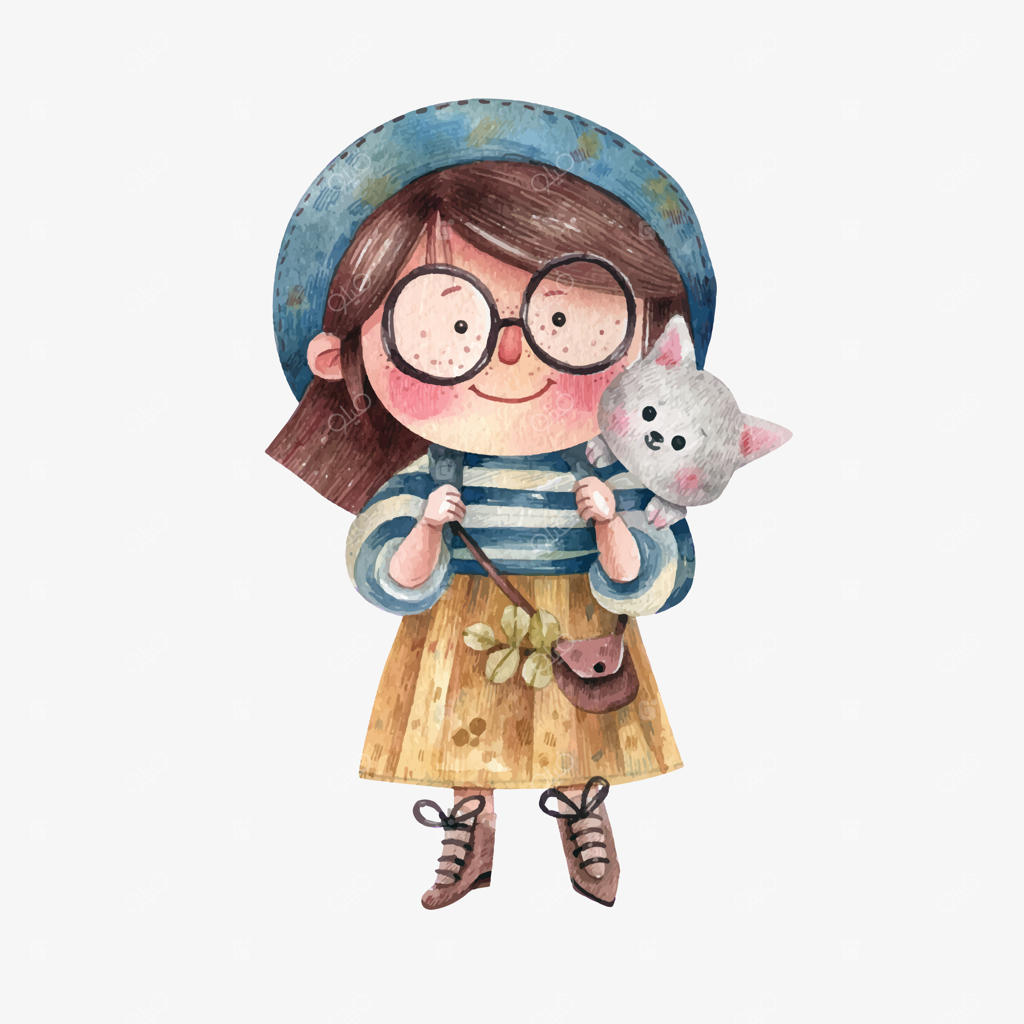 تصویر آبرنگ دختری زیبا با بچه‌گربه