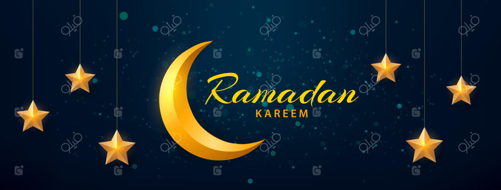رمضان کریم؛ بنر افقی اسلامی با هلال ماه و ستاره طلایی. طرح پس‌زمینه جشن ماه رمضان. تصویرسازی وکتور