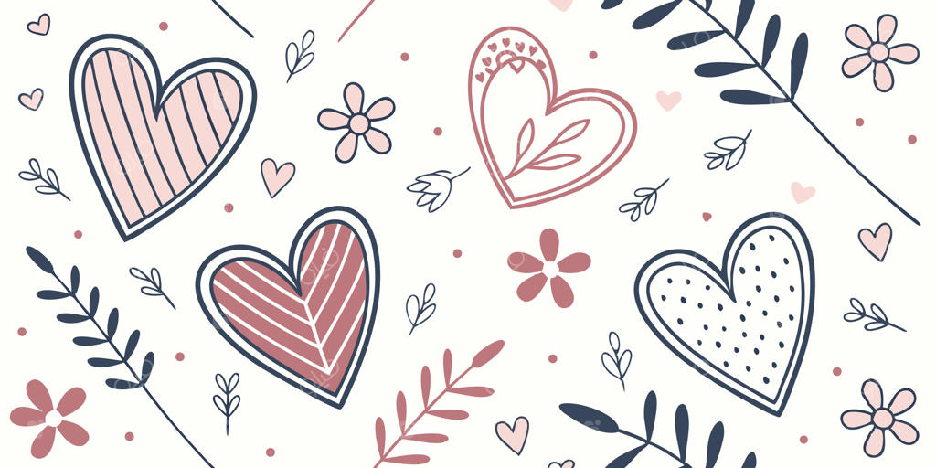 پترن یکپارچه قلب‌های دست‌کشیده با عناصر گل و گیاه در رنگ‌های نرم و رمانتیک