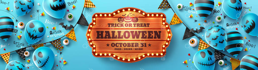 پوستر هالووین شاد با حقه یا هدیه و بادکنک‌های روح هالووین