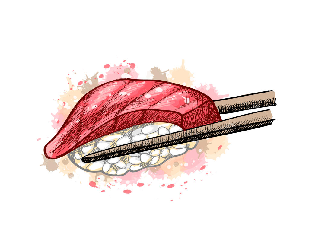 سوشی گونکان با تن ماهی از پاشیده‌ای از آبرنگ، طراحی دستی و تصویرسازی رنگ‌ها