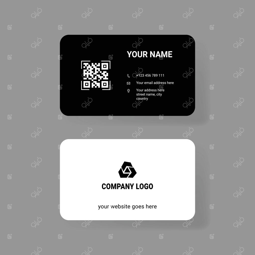 الگوی طراحی کارت ویزیت مینیمالیستی مدرن سیاه و سفید همراه با کد QR