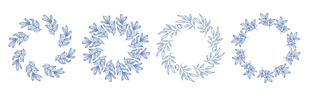 مجموعه قاب دایره‌ای از شاخه‌های آبی مدیترانه‌ای. مرز خطی دست‌کشیده، برگ‌ها و گل‌ها، دعوت‌نامه و کارت عروسی، طراحی لوگو و قالب پوسترها. مجموعه گل‌آرایی ساده و شیک