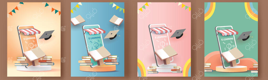 بازگشت به مدرسه: سکوی رنگارنگ با اتوبوس زرد و کتاب‌های الکترونیکی وکتور