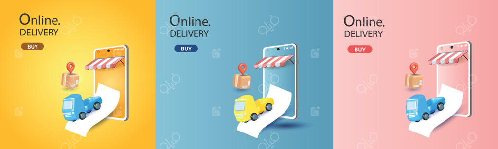 بسته‌بندی جعبه‌ها و تحویل تلفن، خرید آنلاین از فروشگاه با استفاده از برنامه‌های سه‌بعدی و نشانگر نقشه