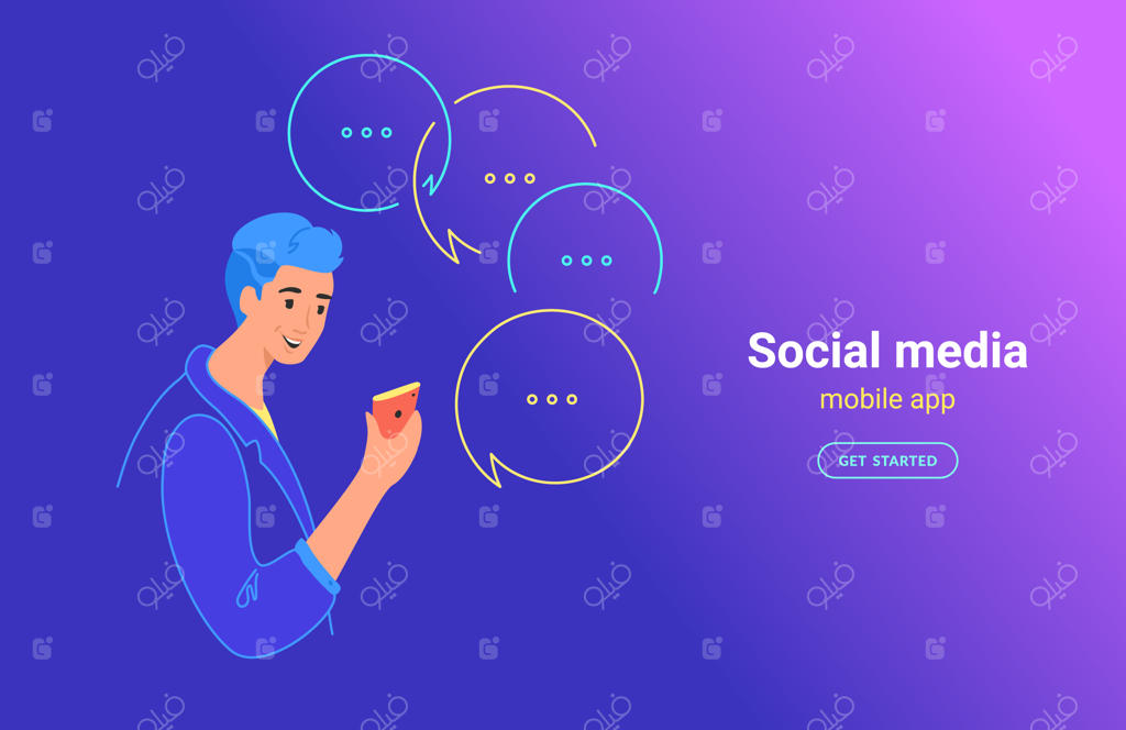 مفهوم استفاده نوجوان از اپلیکیشن موبایل - تصویرسازی برداری. نوجوان پسر در حال استفاده از اپلیکیشن موبایل برای ارسال پیامک و پیام‌های فوری در شبکه‌های اجتماعی. پسر خندان در پس‌زمینه گرادیانت.