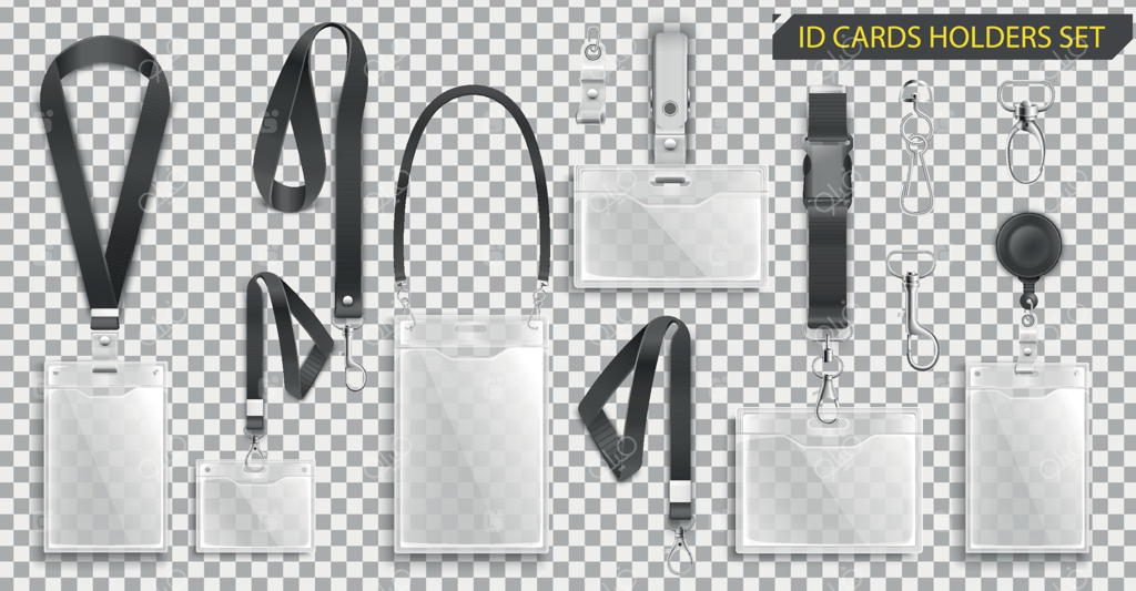 مجموعه‌ای از جا کارتی‌های شناسایی واقعی با بندهای مشکی و قلاب‌های مختلف - تصویر وکتور