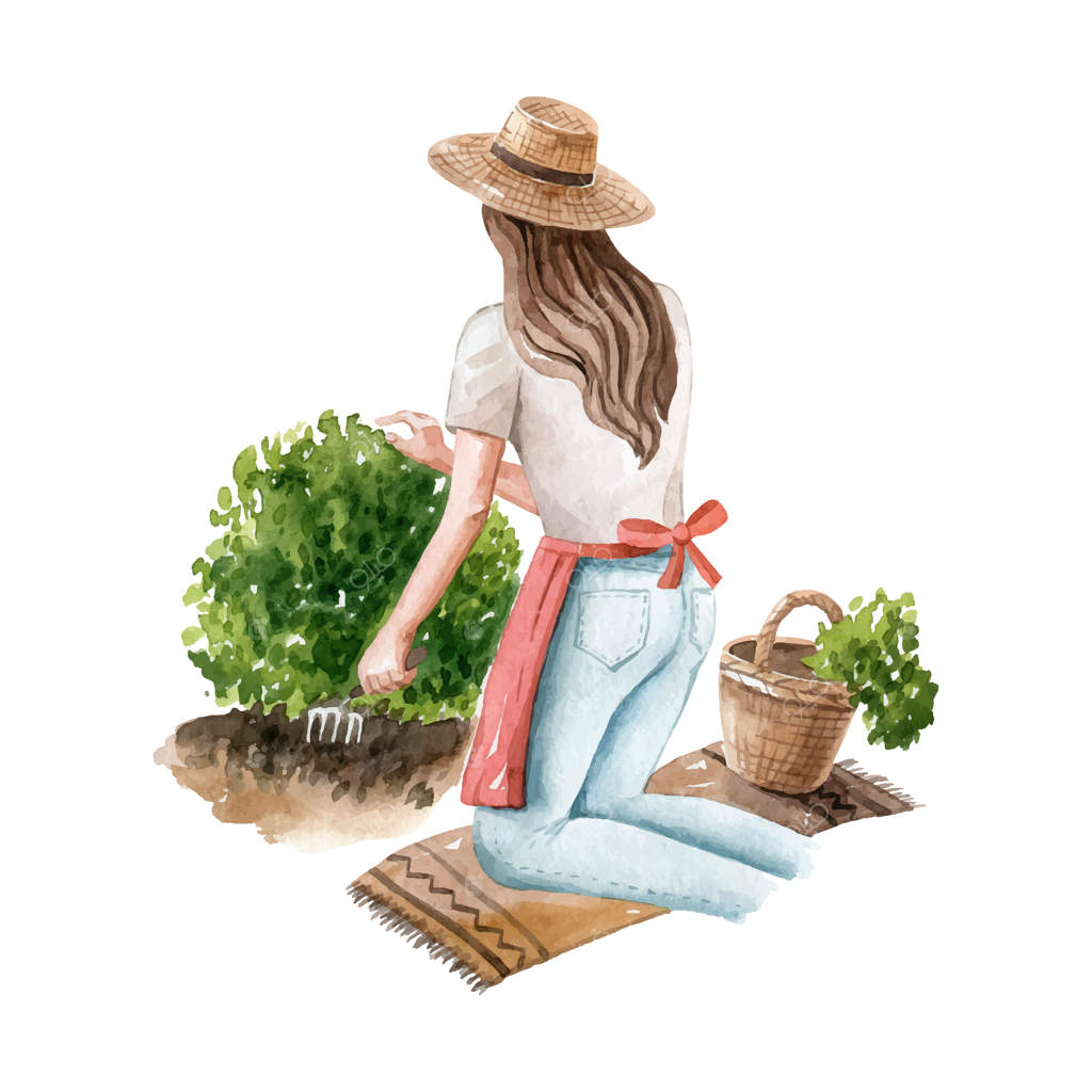 زن جوان با موی قهوه‌ای بلند و کلاه حصیری، در حال کار در باغ با زانو زدن روی قالیچه و سبد