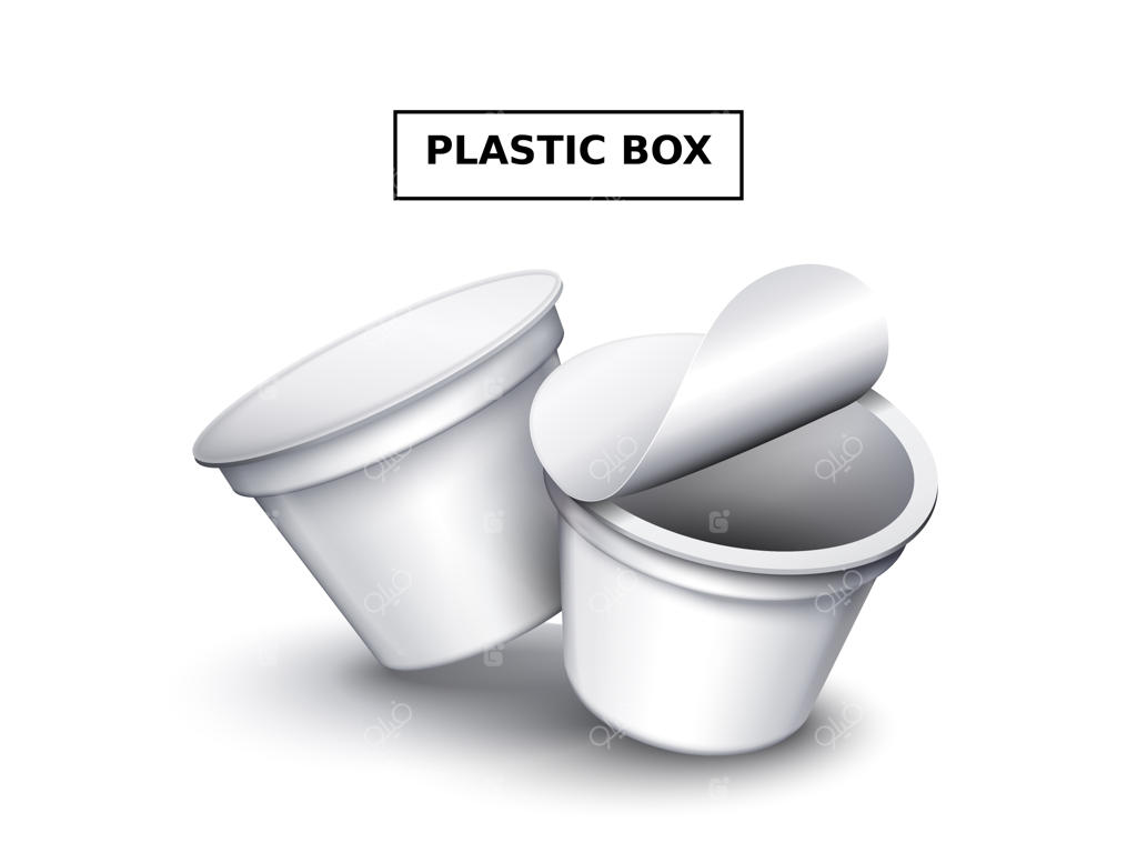 جعبه پلاستیکی خالی، دو ظرف غذای سفید برای طراحی، تصویرسازی سه‌بعدی