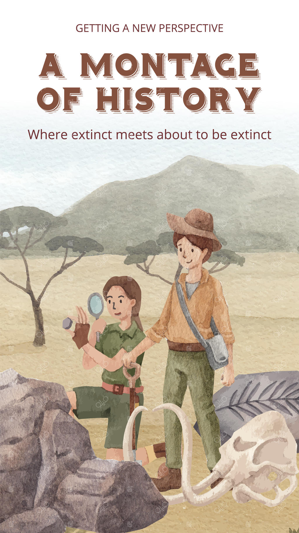 قالب استوری اینستاگرام با طرح باستان‌شناس فسیلی به سبک آبرنگی