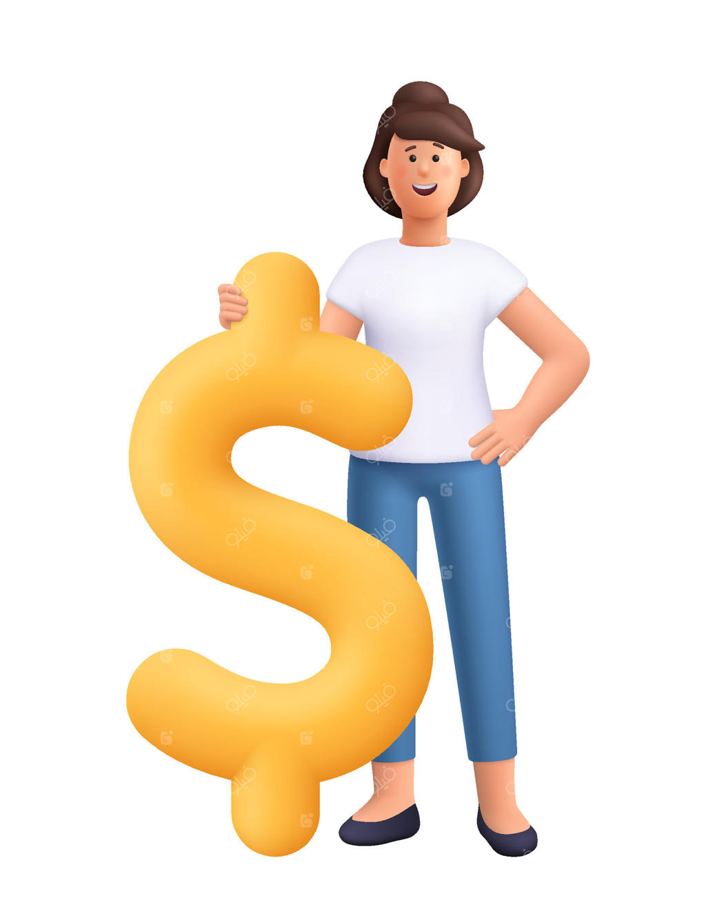 جین، زن جوان و خندان، در کنار علامت بزرگ دلار ایستاده است. مفهوم مالی، تجارت و سرمایه‌گذاری. شخصیت سه‌بعدی. سبک کارتونی و ساده.