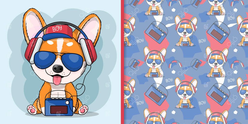 کارتون بامزه سگ کورگی در حال گوش دادن به موسیقی با هدفون