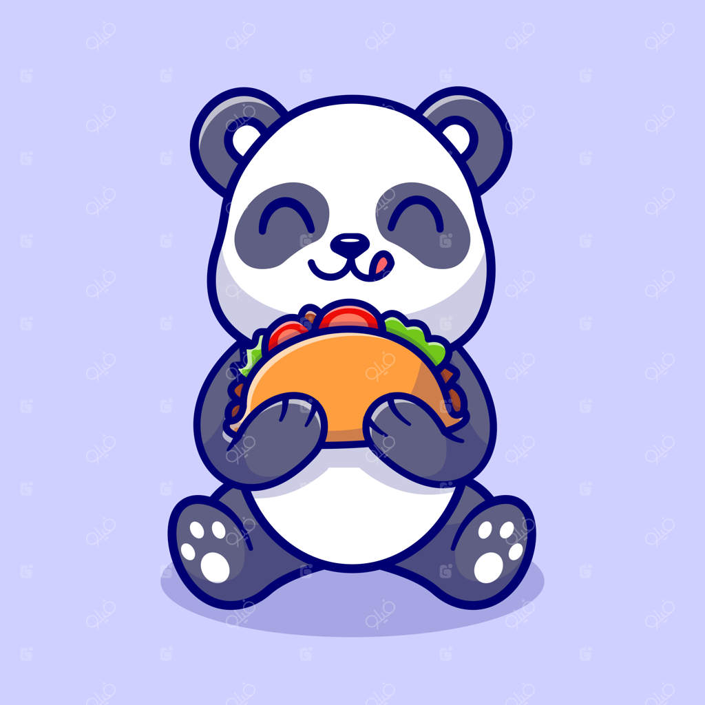 تصویر کارتونی پاندا بامزه در حال خوردن تاکو. مفهوم آیکون غذای حیوانات، ایزوله و ویژه.