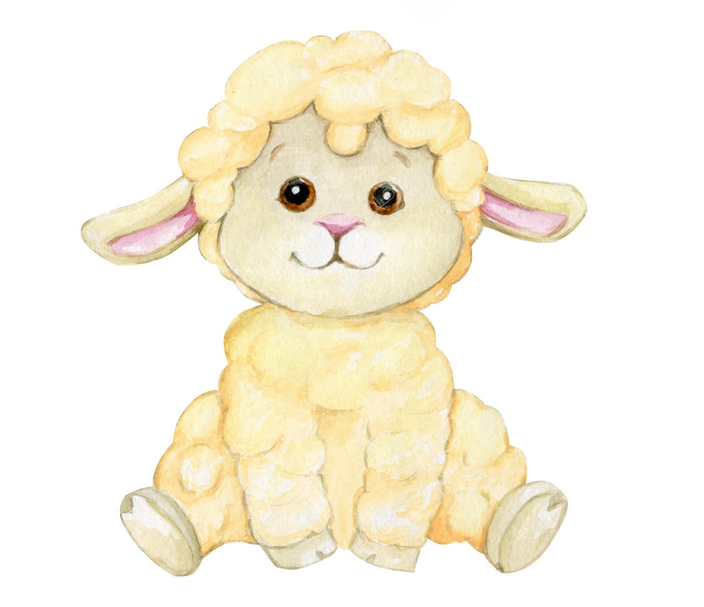 بره نشسته: یک حیوان آبرنگی به سبک کارتونی در پس‌زمینه‌ای مجزا