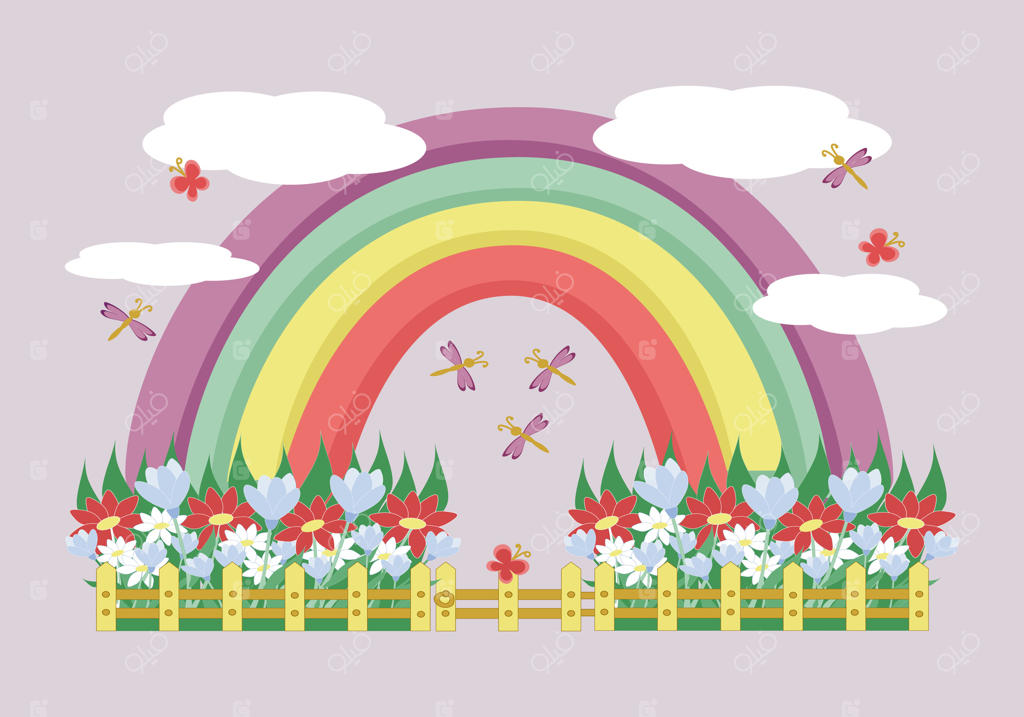 رنگین‌کمان، پروانه‌ها، سنجاقک‌ها و باغچه گل‌ها در جلو خانه