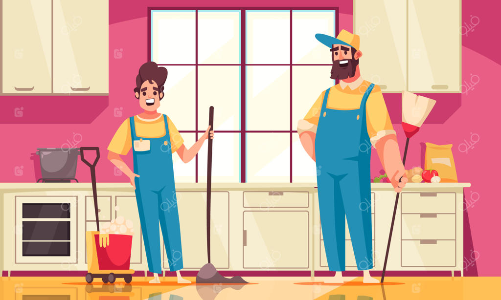 پوستر کارتونی کار نوجوان با تصویر مرد جوانی که کف آشپزخانه را تمیز می‌کند - تصویرسازی وکتور