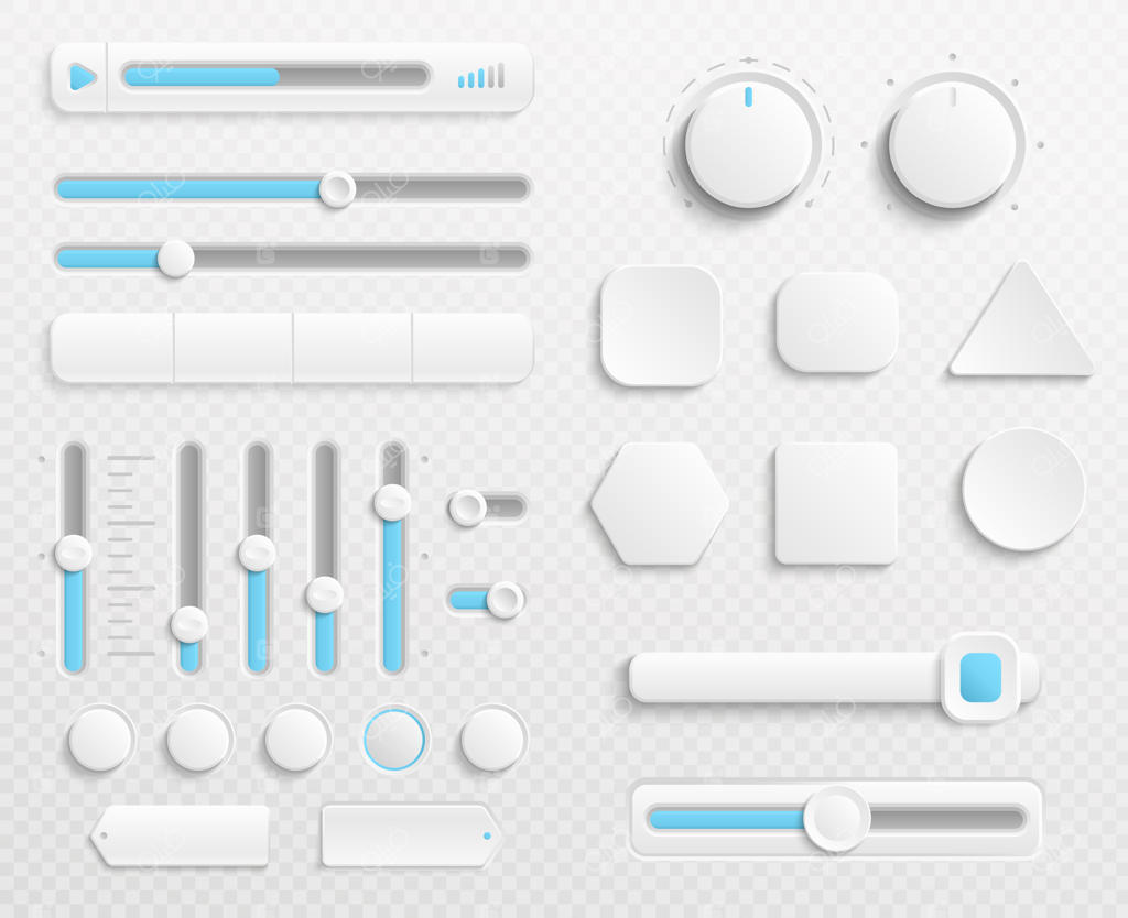 مجموعه دکمه‌ها و اسلایدرهای رابط کاربری سفید بر روی پس‌زمینه شفاف