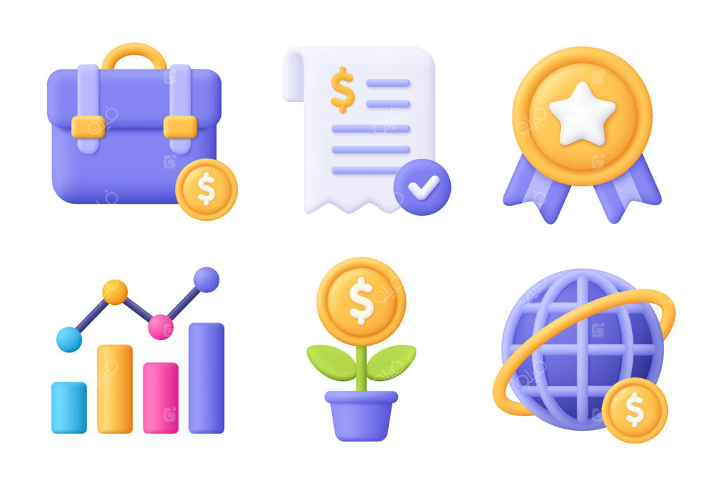 کیف دستی، اسکناس، مدال، نمودار، کره زمین، گیاه سکه‌ای. مجموعه آیکون سه‌بعدی بیزینس در سبک کارتونی و مینیمال.