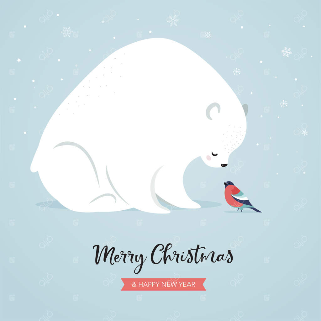 خرس قطبی و پرنده سرخ زیبا، صحنه زمستان و کریسمس. ایده‌آل برای بنر، کارت تبریک، لباس و طراحی برچسب.