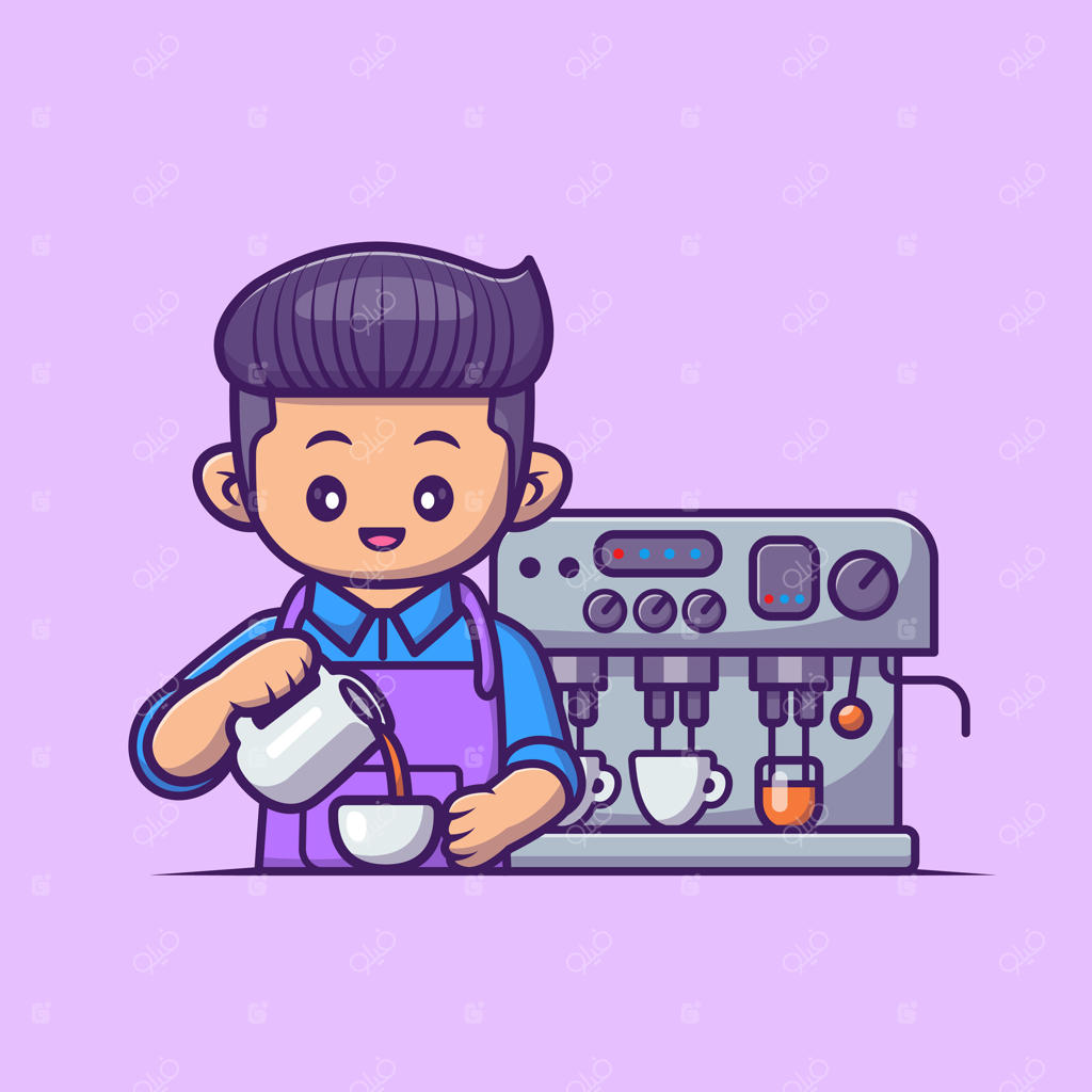 کارتون باریستای بامزه در حال درست کردن قهوه