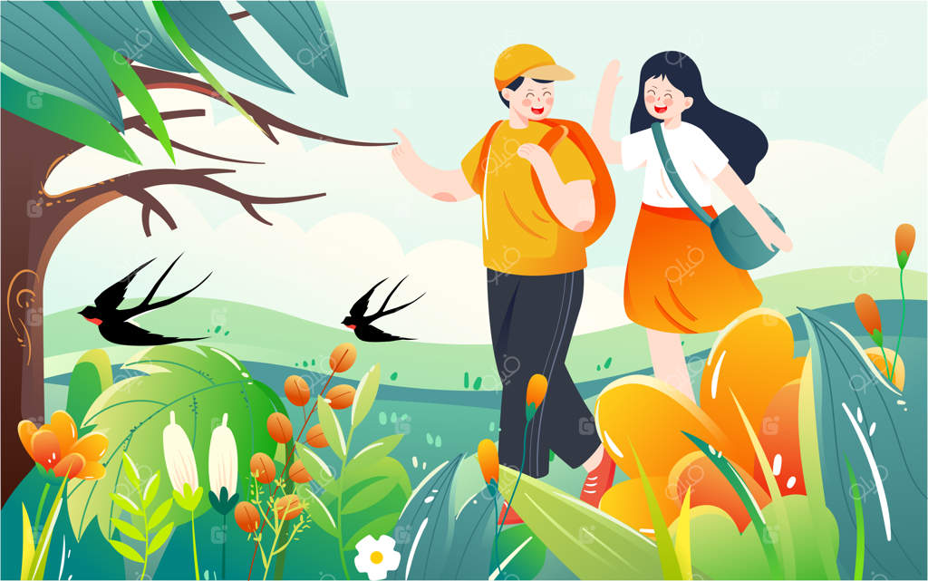 یک زوج برای گردش بهاری در بهار بیرون می‌روند، پس‌زمینه بر روی چمن‌ها است.