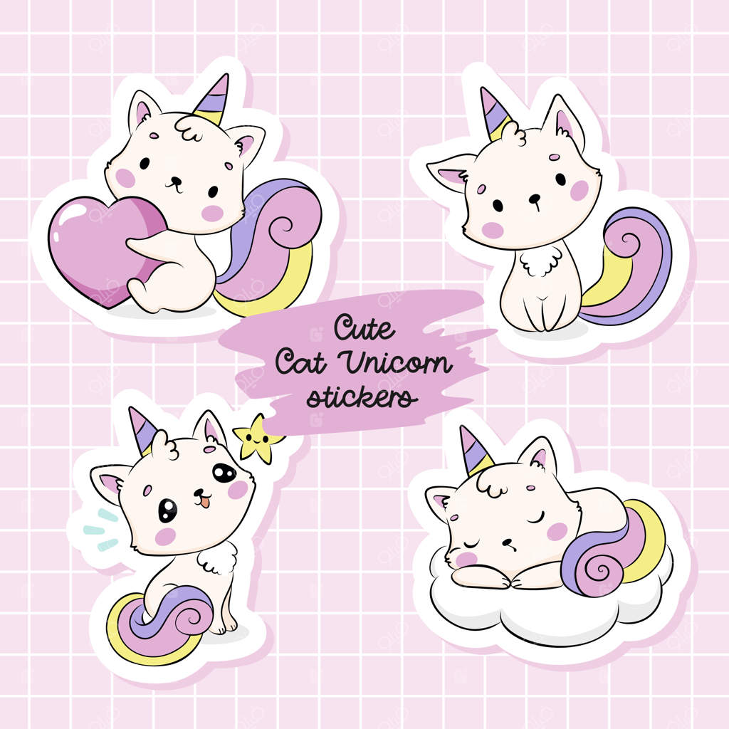 برچسب‌های کارتونی شخصیت‌های بامزه گربه‌ای تک‌شاخ