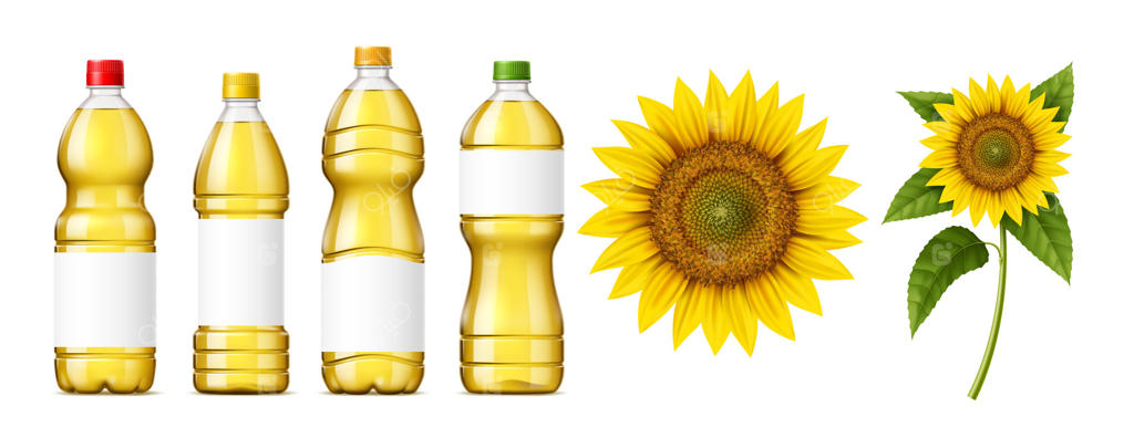 بطری‌های روغن آفتابگردان و گل‌های جدا شده
