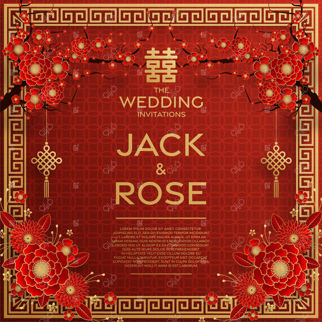 کارت عروسی سنتی چینی با زمینه قرمز و طلایی و ترجمه "خوشبختی مضاعف"