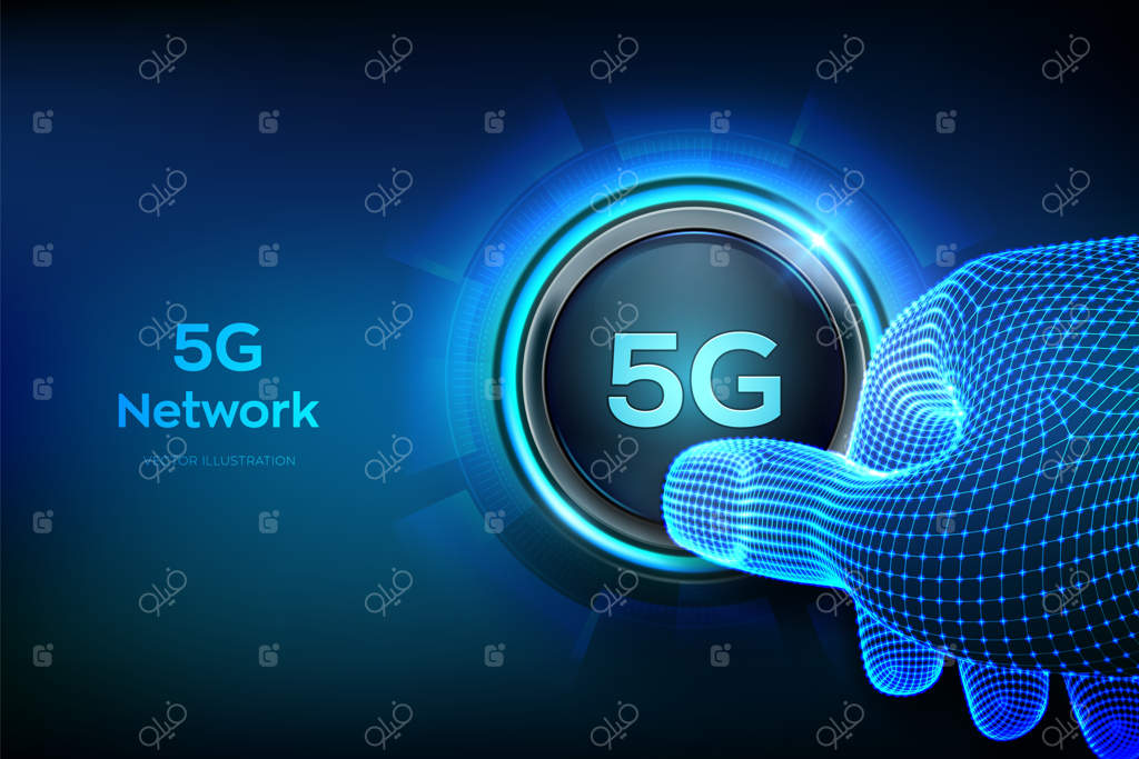 سیستم‌های شبکه بی‌سیم 5G و اینترنت اشیا؛ نمای نزدیک از انگشتی که در حال فشار دادن دکمه است. اتصال اینترنت موبایل 5G و وای‌فای.