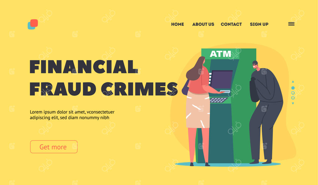 قالب صفحه فرود جرایم کلاهبرداری مالی - شکل دزد در حال جاسوسی از زن در دستگاه خودپرداز برای سرقت اطلاعات