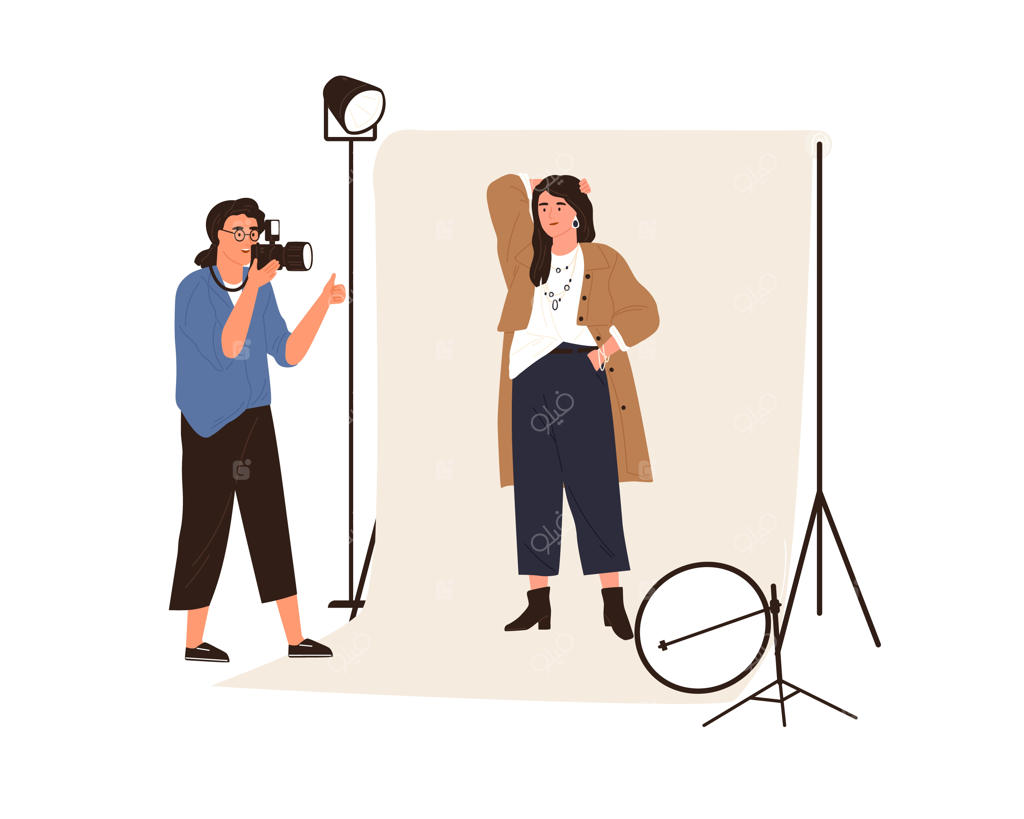 پشت‌صحنه عکاسی پرتره؛ عکاس زن در حال عکاسی از مدل حرفه‌ای در استودیو با نورپردازی پالسی. تصویرسازی وکتور فلت (تخت) با پس‌زمینه سفید.