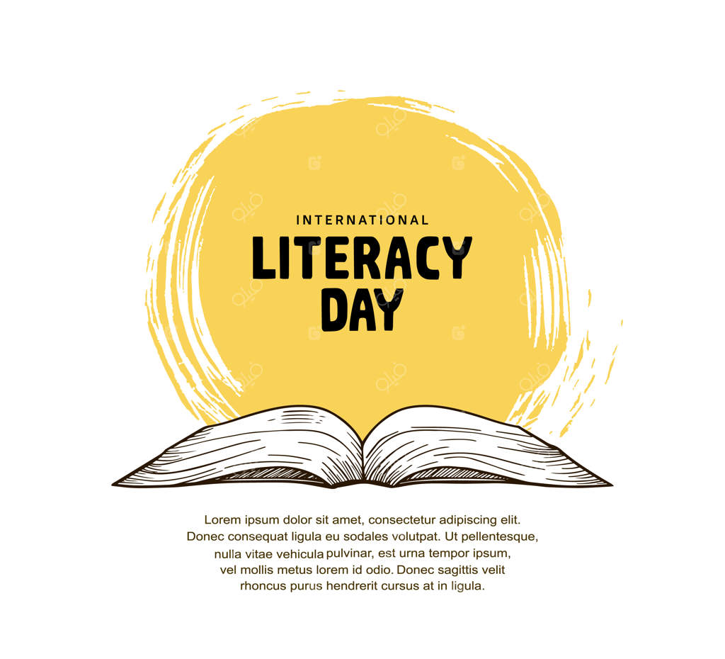 روز جهانی سوادآموزی با تصویر کتاب باز، پس‌زمینه سفید و قلم‌موی زرد