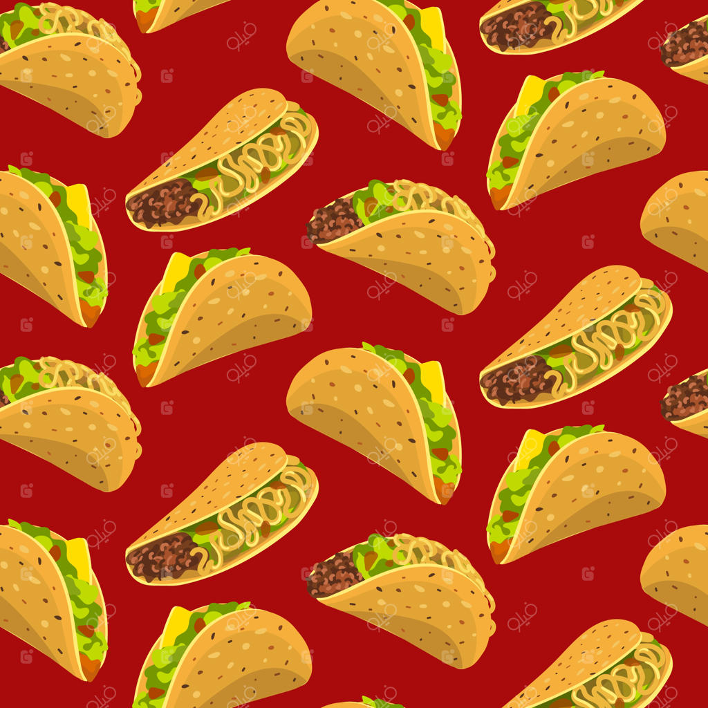 پترن یک تصویر با تاکو، تاکوها بر روی زمینه‌ای قرمز به طرز شگفت‌انگیزی پراکنده شده‌اند؛ مناسب برای چاپ بروشور، بنر تعطیلات، کارت‌پستال یا هرگونه اطلاعات چاپی، بسته‌بندی روز تعطیل یا آشپزخانه.