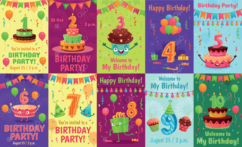 کارت تبریک سالگرد کارتونی: مجموعه پوستر عدد شمع کیک تولد، دعوتنامه جشن و اعداد تولد