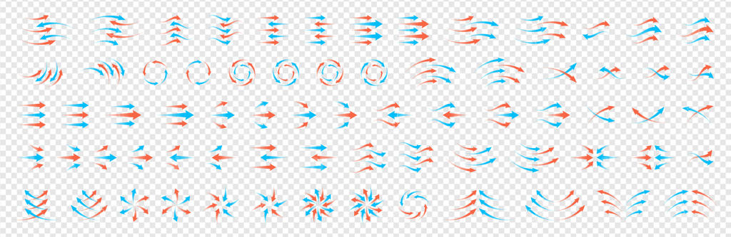 مجموعه آیکون‌های جریان هوا و تهویه: شامل فلش‌های دایره‌ای، جریان هوای گرم و سرد، فن، فیلتر، تصفیه و بازیابی آب و هوا. سبک اینفوگرافیک برای موضوعات الکترونیکی یا سیستم‌های گرمایشی و تهویه مطبوع.