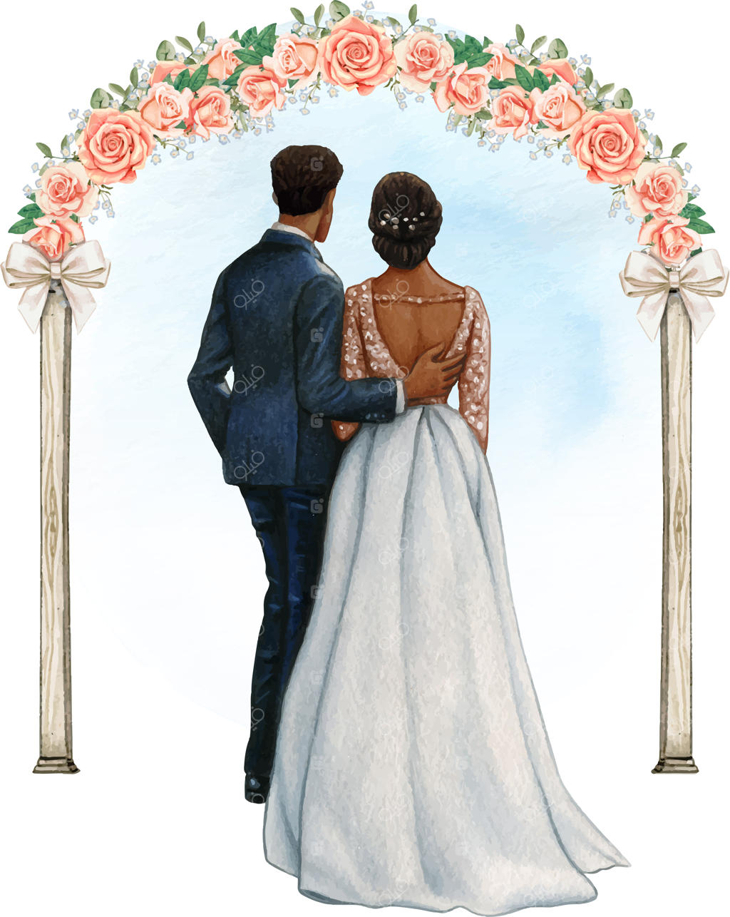 زوج عروس و داماد زیر طاق گل‌های رز در آغوش یکدیگر