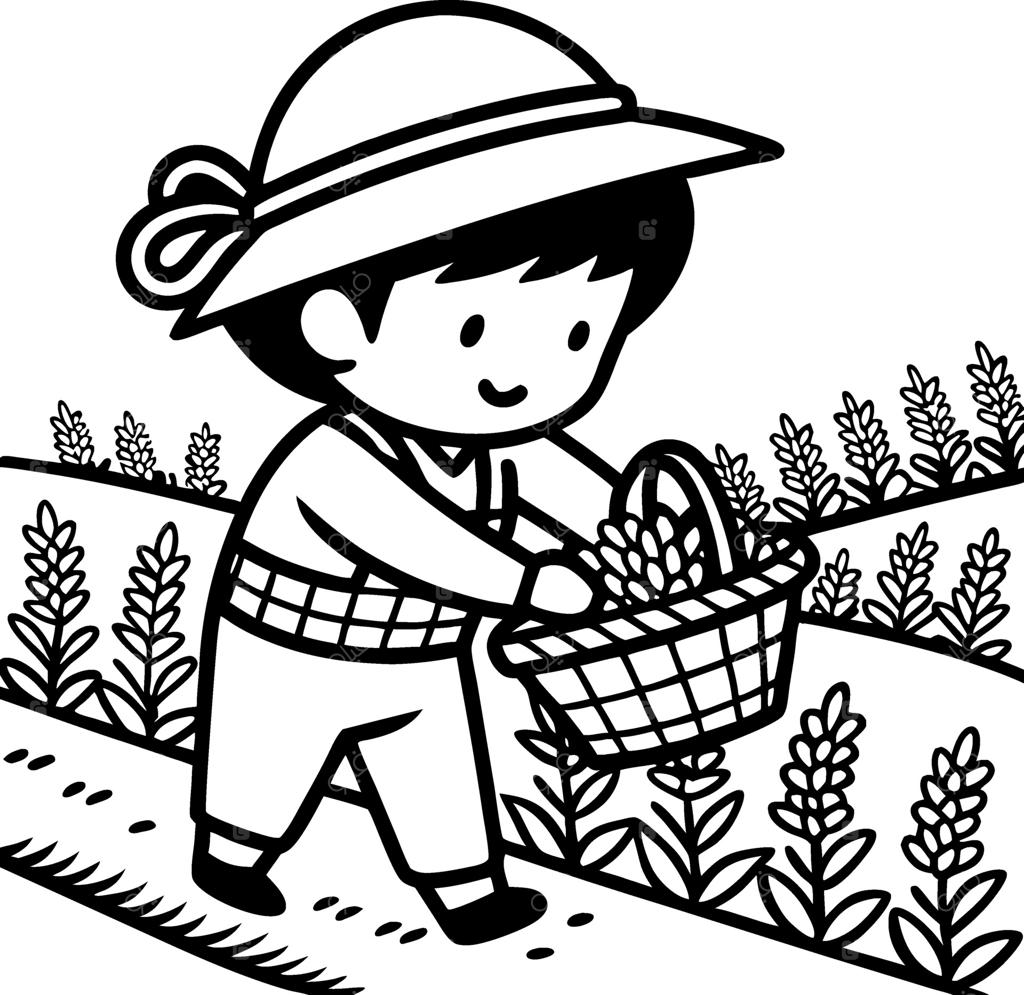 کودک شاد در حال برداشت محصول در سبد باغچه برای رنگ‌آمیزی و تصویرسازی آموزشی