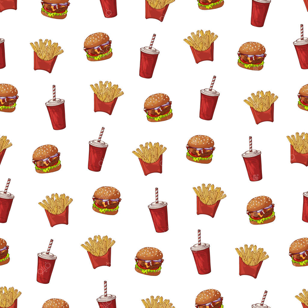 پترن وکتور با موضوع فست‌فود: سیب‌زمینی سرخ‌کرده، نوشیدنی، برگر