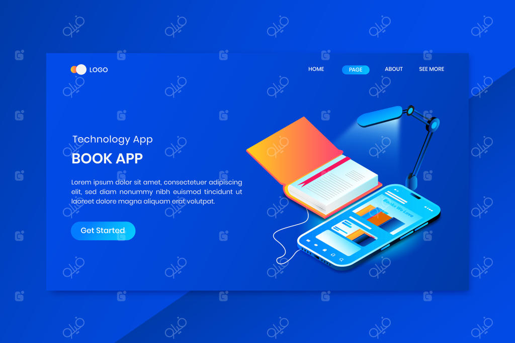 طرح مفهومی ایزومتریک صفحه فرود اپلیکیشن کتاب