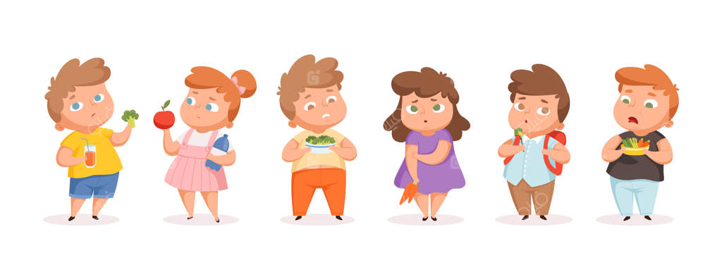 کودکان چاق در رژیم غذایی. بچه‌های دارای اضافه‌وزن در حال خوردن میوه و سبزیجات. نوجوانان غمگین و منزوی