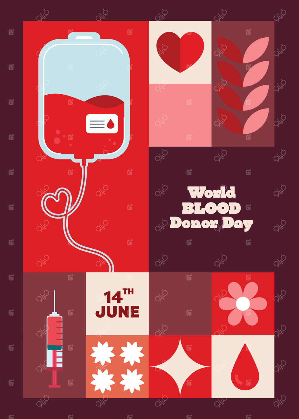 طرح پوستر مینیمال برای روز جهانی اهدای خون با استفاده از عناصر کیسه‌های خون، قلب‌ها و نمادهای حمایتی برای افزایش آگاهی و تشویق به اهدای خون